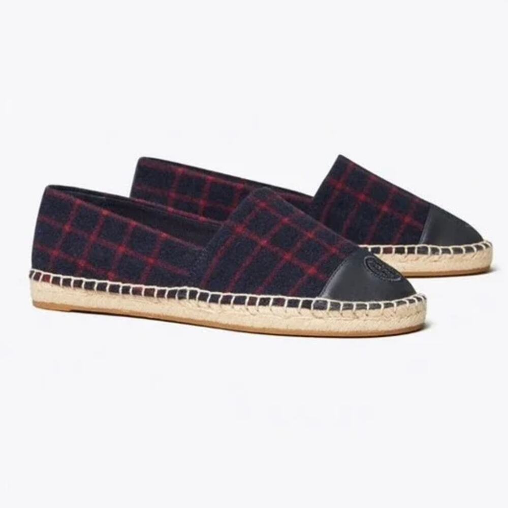Tory Burch Color Block Espadrille - Flats - Plaid - Wool - Navy Red - Size 9